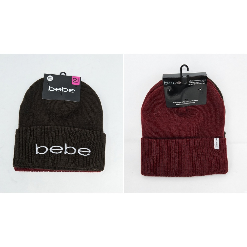 Bebe Beanie Hat Womens NEW 2 Pack Knit Brown Burgundy Red Rmbroidered Logo Snow